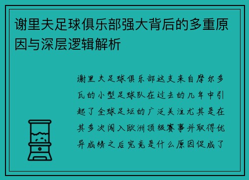 谢里夫足球俱乐部强大背后的多重原因与深层逻辑解析
