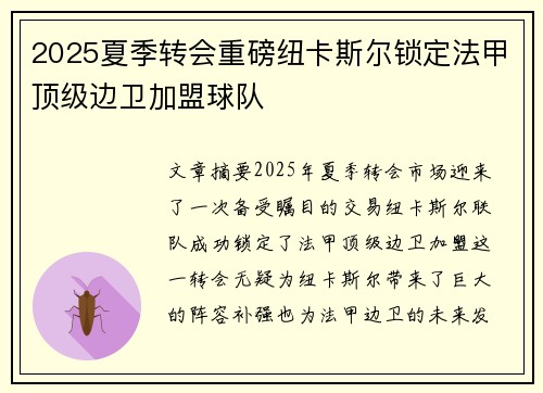 2025夏季转会重磅纽卡斯尔锁定法甲顶级边卫加盟球队